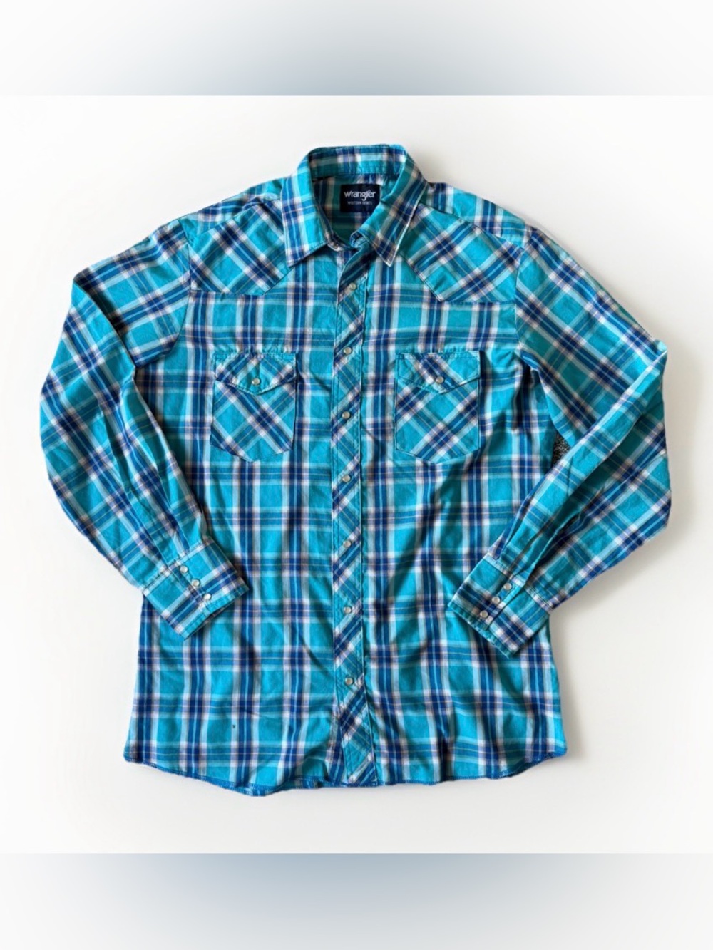 Wrangler Western Shirt Mens L Tall Turquoise Plaid Pearl Snap Cowboy Country